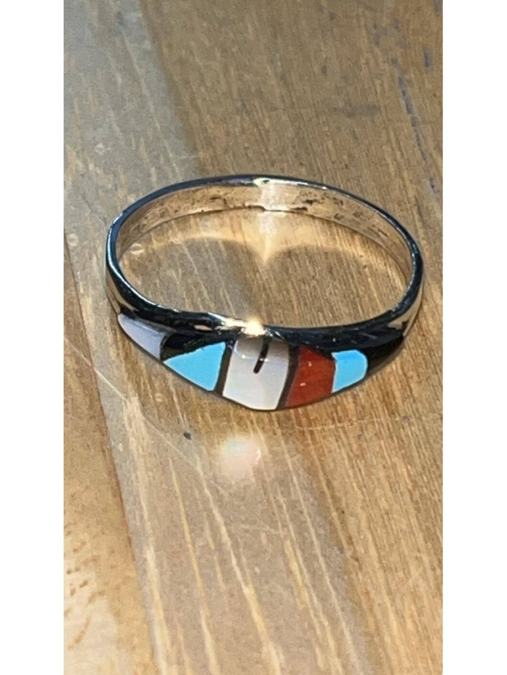 Zuni sterling silver turquoise coral inlay traditional ring size 7.75